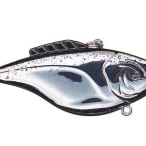 Shiny metallic fishing lure shaped like a fish with hooks.