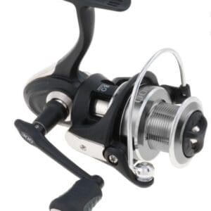 Black and silver spinning fishing reel with handle and line.
