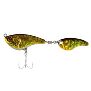 A two-part fishing lure with treble hooks and a jointed body.