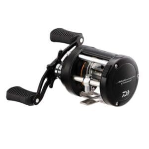 Black fishing reel with dual handles and metallic accents.