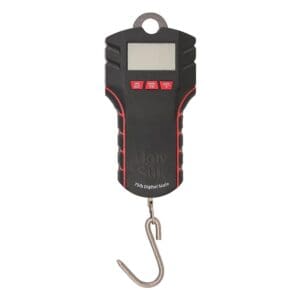 Digital hanging scale with hook and LCD display.