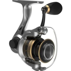 Close-up of a sleek spinning fishing reel with metallic and black details.
