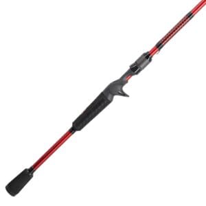 A red and black fishing rod with a comfortable grip.