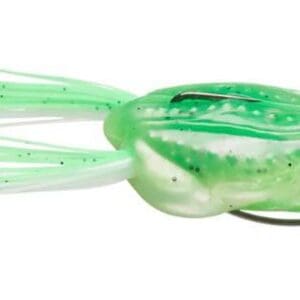 Green soft plastic fishing lure with multiple appendages.