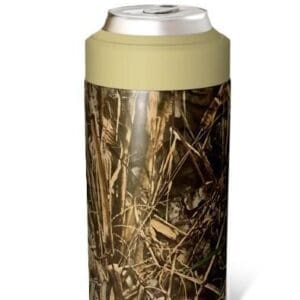 A camo-patterned can cooler with a beige rim.