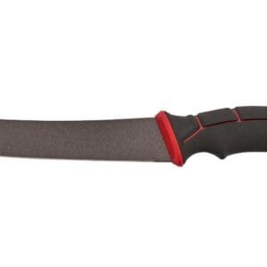 A black and red utility knife with a serrated blade.