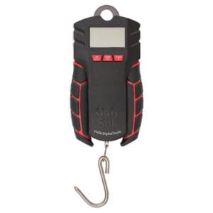 Digital hanging scale with hook and display screen.