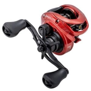 Red and black fishing reel with ergonomic handles.