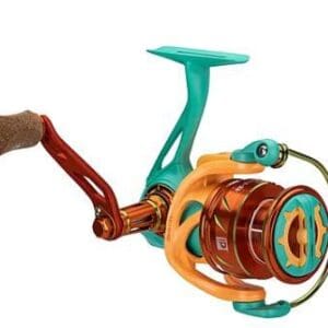 A colorful fishing reel with teal and orange accents.