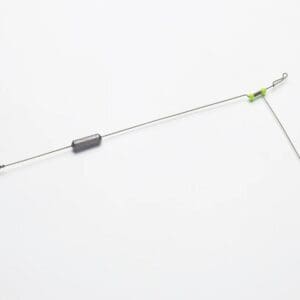 A straight metal wire with a small black component attached.