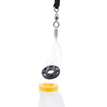 A water bottle with a black carabiner and mesh netting attached.