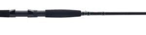 Close-up of a black fishing rod handle with a grip and reel seat.