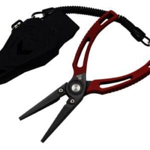 Red and black fishing pliers with a black sheath.