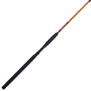 A black fishing rod handle with a wooden top section.