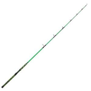 A simple fishing rod with a green handle and multiple eyelets.