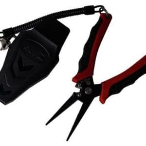 A pair of red and black fishing pliers with a black sheath.
