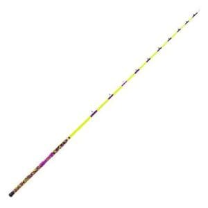 A fishing rod with a wooden handle and yellow-striped pole.