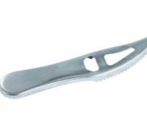 Silver metal tool with a pointed end and a hole in the middle.