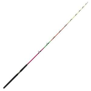 A fishing rod with a black handle and colorful upper section.