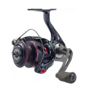 A black and red spinning fishing reel with ergonomic handle.