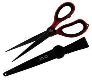 A pair of scissors with black and red handles.