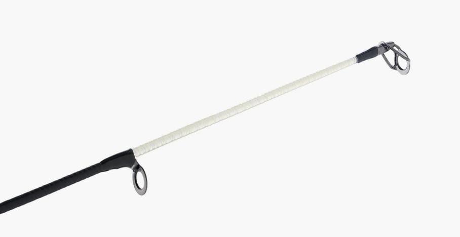 A white fishing rod with a black handle and guide ring.