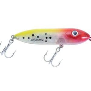 A colorful fishing lure with hooks and a gradient design.