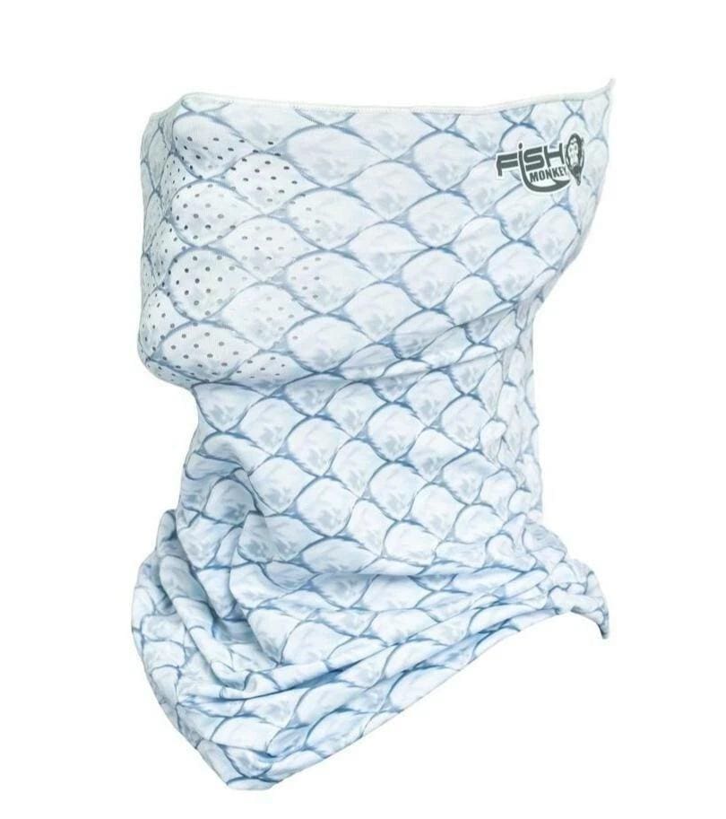 White face mask with blue scale pattern covering neck and lower face.