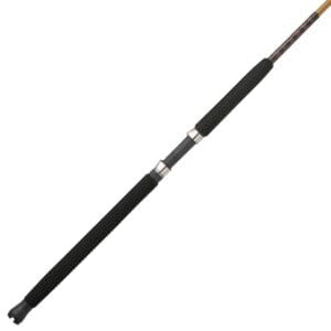 A black and tan fishing rod with a foam handle.