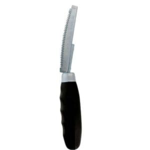 A small knife with a black handle and a curved blade.
