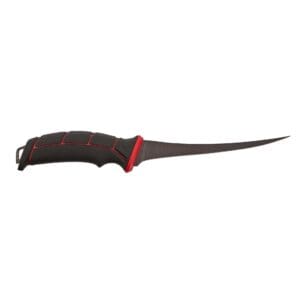 A sleek fillet knife with a black and red handle and a long, sharp blade.