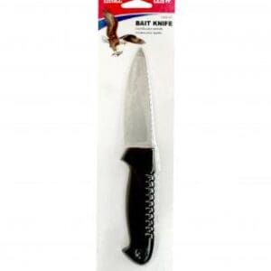 A serrated bread knife with a black handle in packaging.