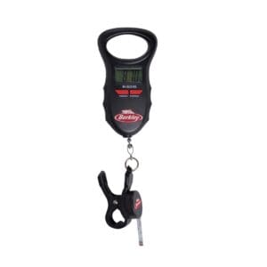 Black digital hanging scale with hook and grip handle.