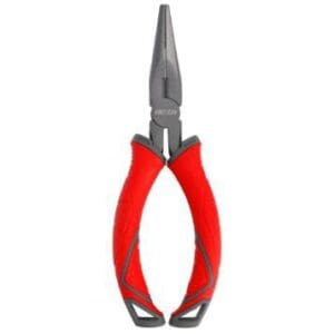 Red-handled needle-nose pliers isolated on white background.