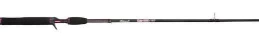 Close-up of a black fishing rod with detailed markings.
