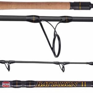 Close-up of a fishing rod showing guides and handle details.