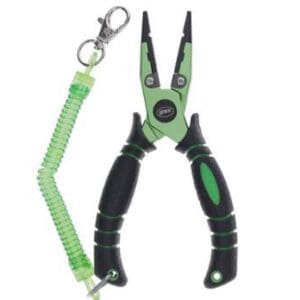 Green and black fishing pliers with a coiled lanyard.