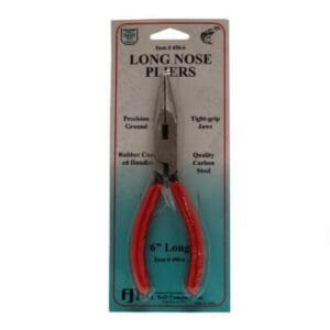 Long nose pliers with red handles in packaging.