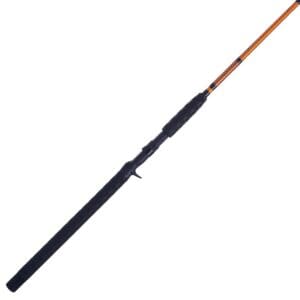 A sleek fishing rod with a black handle and wooden shaft.