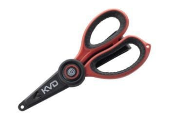 A pair of black and red scissors with ergonomic handles.