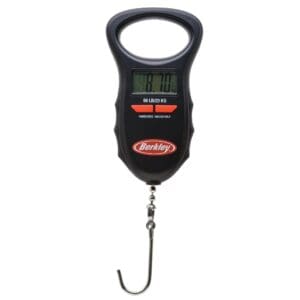 Portable digital hanging scale with a hook and LCD display.