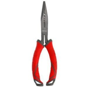 Red-handled needle-nose pliers with a metal tip.