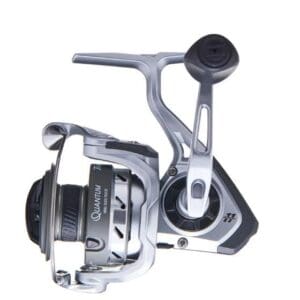 A silver spinning fishing reel with black accents.