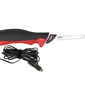 Electric knife with a red and black handle and a coiled power cord.