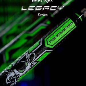 Close-up of a green and black baseball bat with 'Legacy' branding.