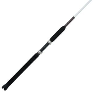 Black and white fishing rod with foam grip handle.