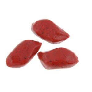 Three red candies with a glossy finish.