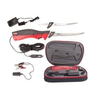 Electric fish scaler kit with accessories and carrying case.