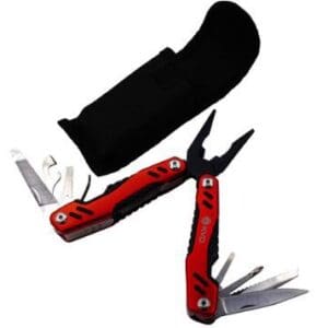 A red multi-tool with various fold-out implements and a black case.