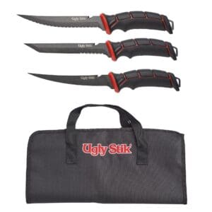 Set of three hunting knives with black handles and red accents, plus a black carrying case.